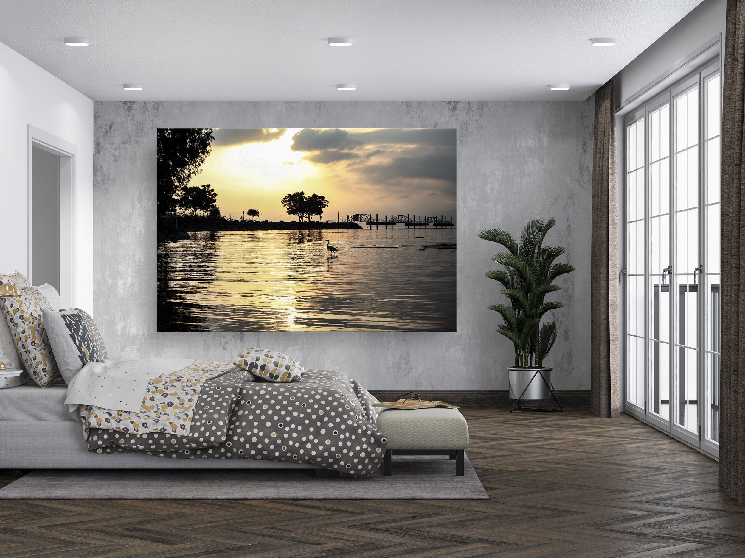 Israeli Holy Land Tiberias Lake — Sea of Galilee — the Kinneret at the Sunrise with a Stork