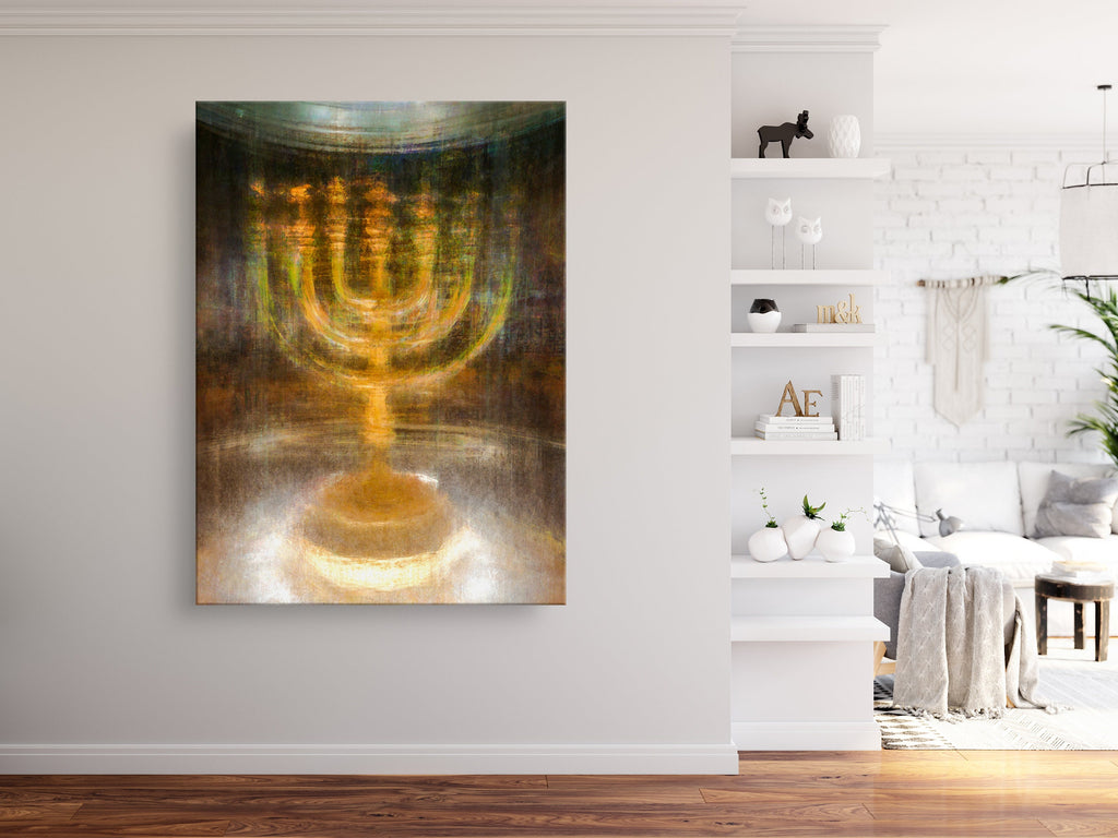 Gold Menorah Impressionist Painting: Jewish Temple Art, Canvas