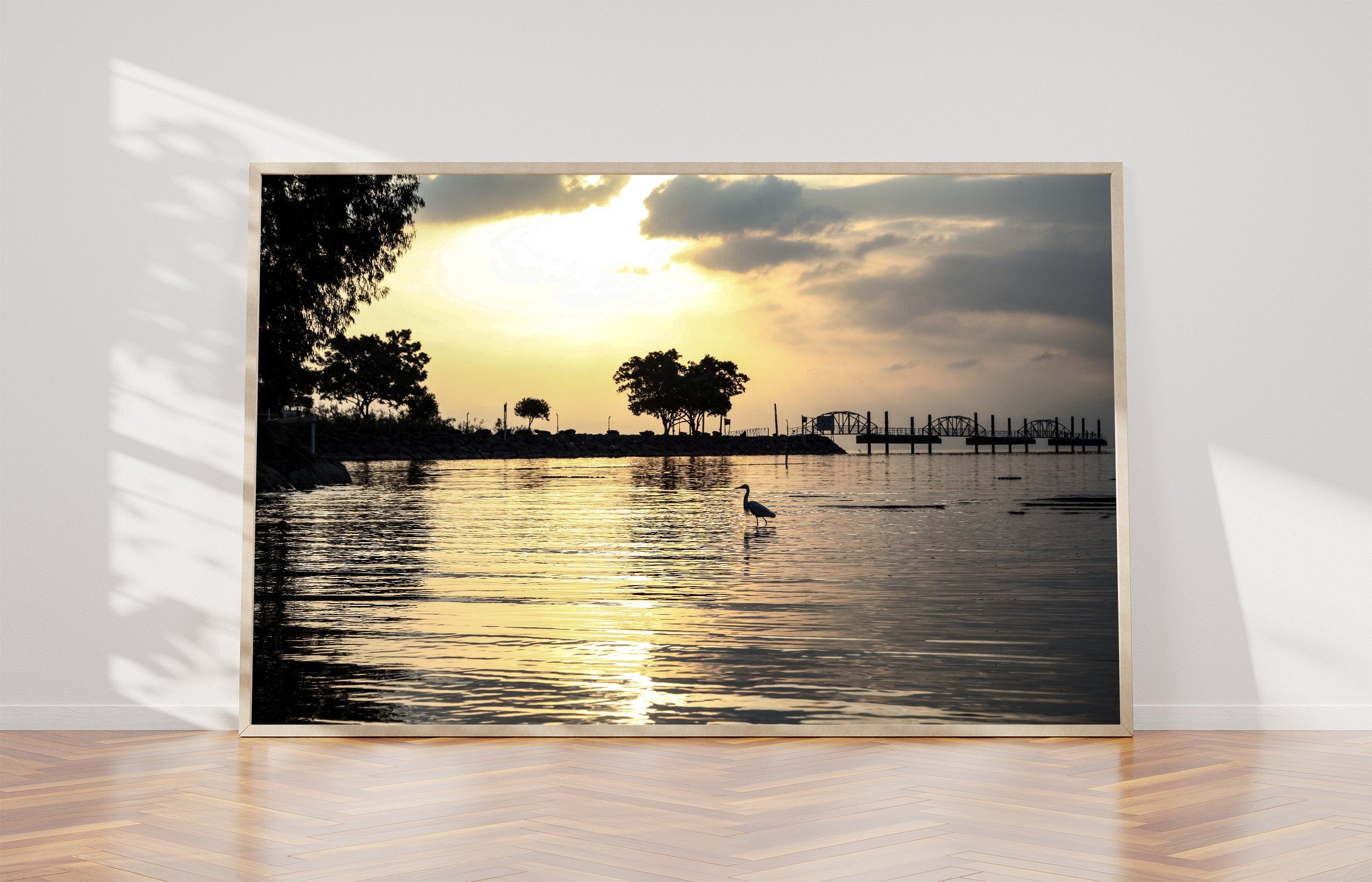 Israeli Holy Land Tiberias Lake — Sea of Galilee — the Kinneret at the Sunrise with a Stork