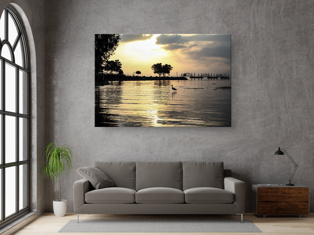 Israeli Holy Land Tiberias Lake — Sea of Galilee — the Kinneret at the Sunrise with a Stork