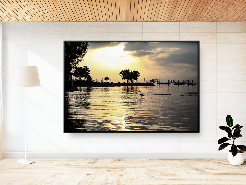 Israeli Holy Land Tiberias Lake — Sea of Galilee — the Kinneret at the Sunrise with a Stork