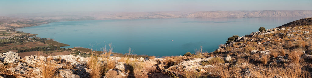 Panoramic Israeli Holy Land Tiberias Lake Sunset — Kinneret Sea of Galilee from the Arbel Mount