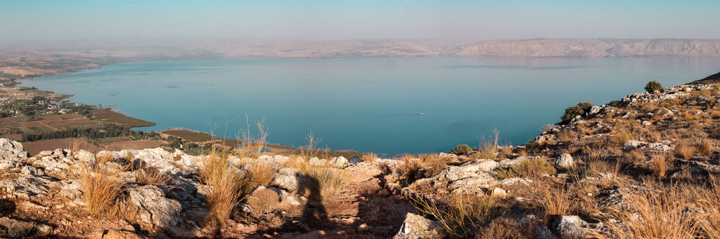 Panoramic Israeli Holy Land Tiberias Lake Sunset — Kinneret Sea of Galilee from the Arbel Mount