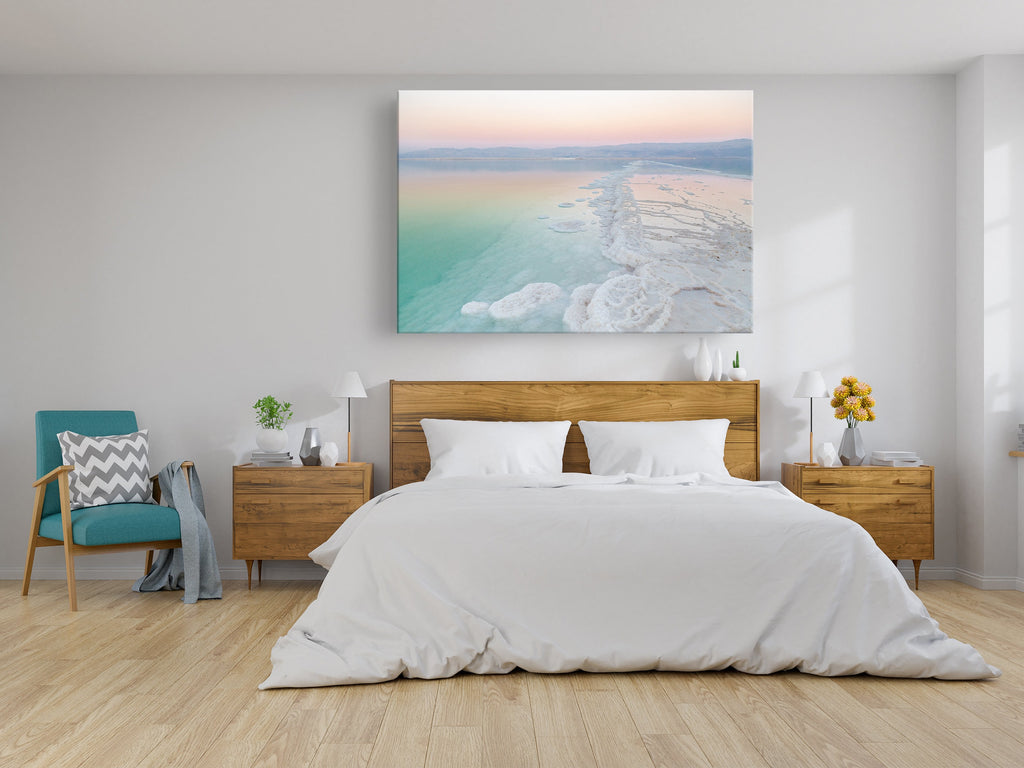 Turquoise Dead Sea Israeli Holy Land Sunset with White Salt Sea Minerals