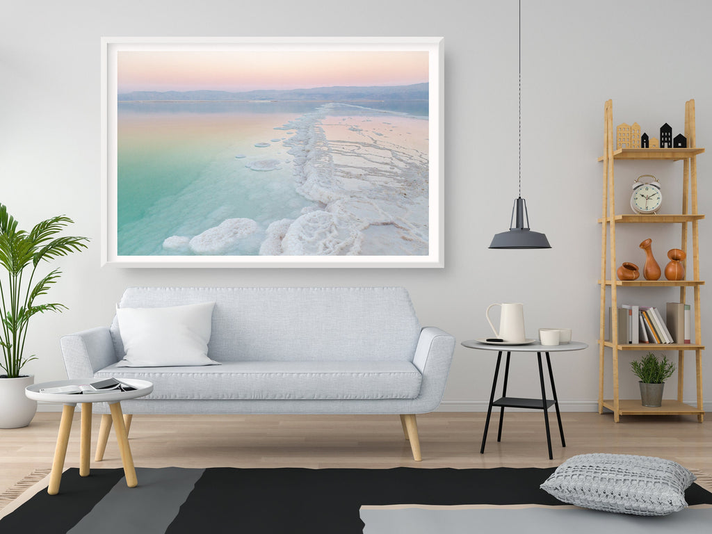 Turquoise Dead Sea Israeli Holy Land Sunset with White Salt Sea Minerals
