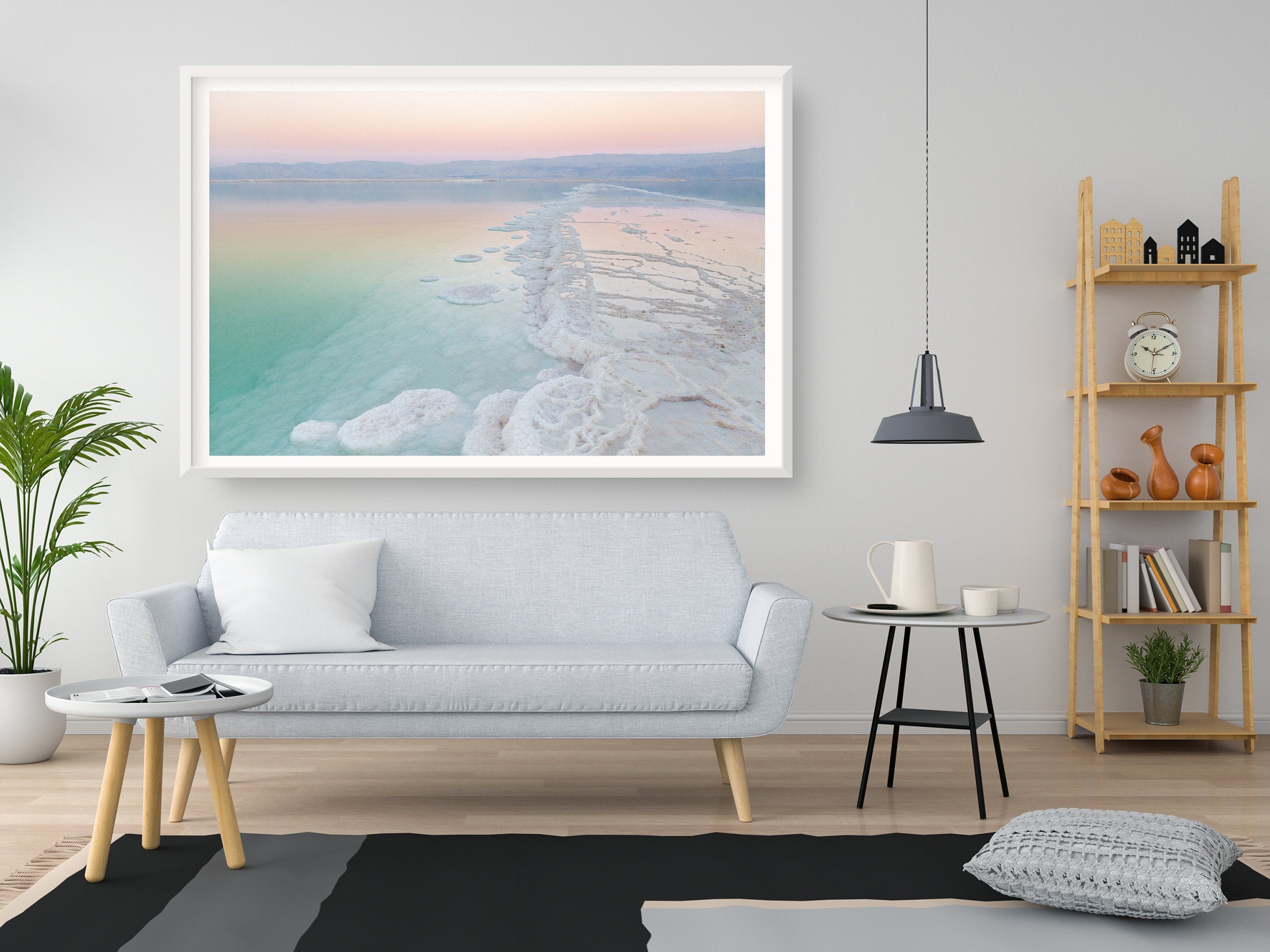 Turquoise Dead Sea Israeli Holy Land Sunset with White Salt Sea Minerals