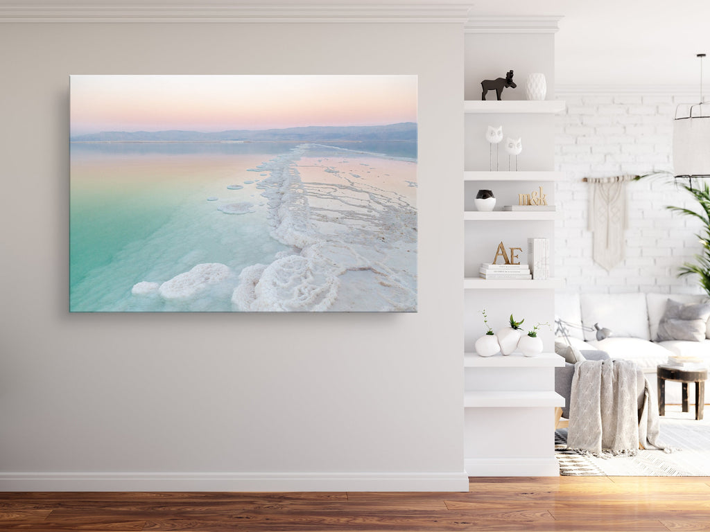 Turquoise Dead Sea Israeli Holy Land Sunset with White Salt Sea Minerals