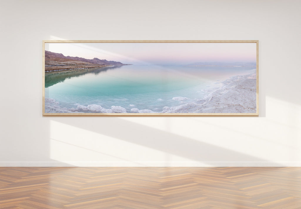 Panoramic Turquoise Dead Sea Israeli Sunset with White Salt Sea Minerals and Mountains