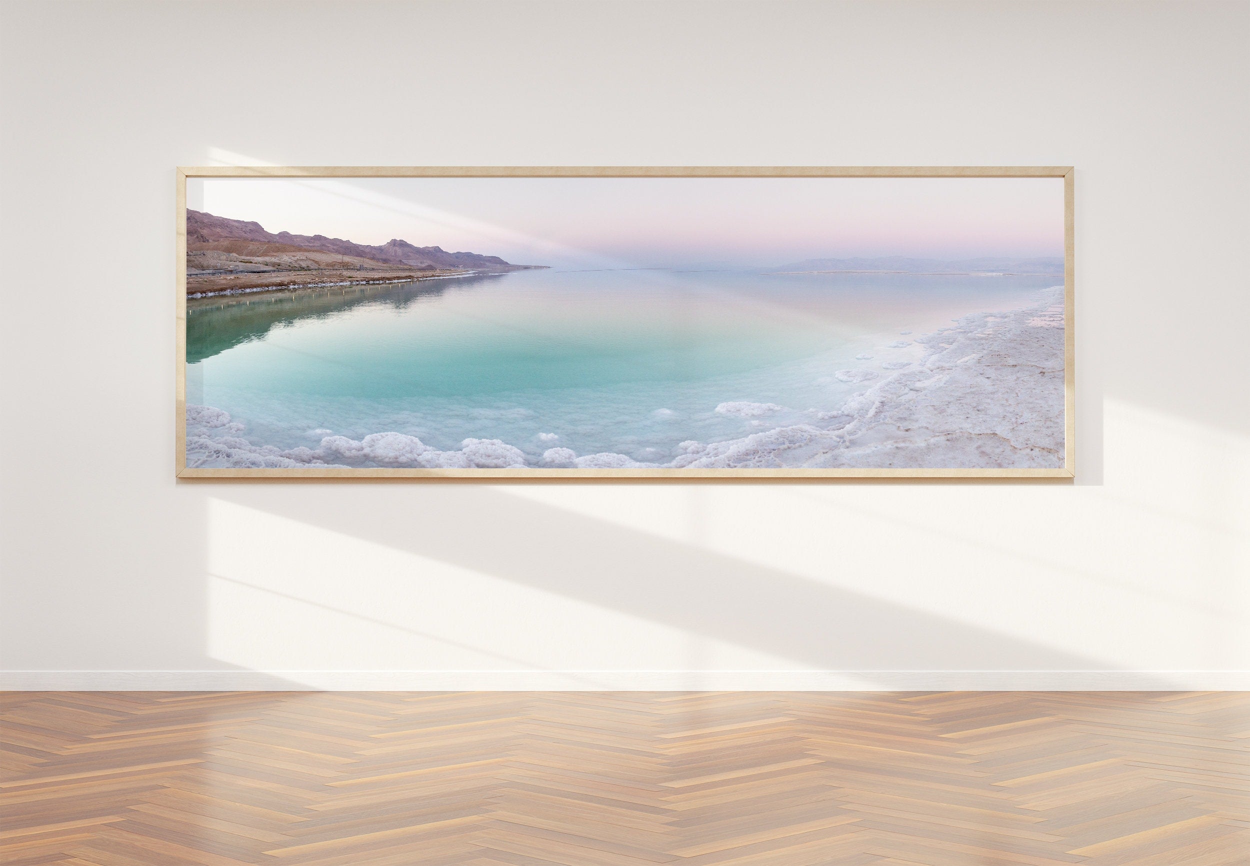 Panoramic Turquoise Dead Sea Israeli Sunset with White Salt Sea Minerals and Mountains