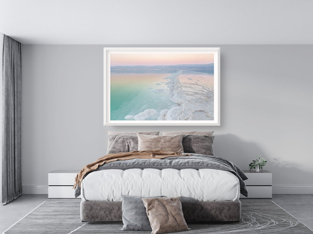 Turquoise Dead Sea Israeli Holy Land Sunset with White Salt Sea Minerals