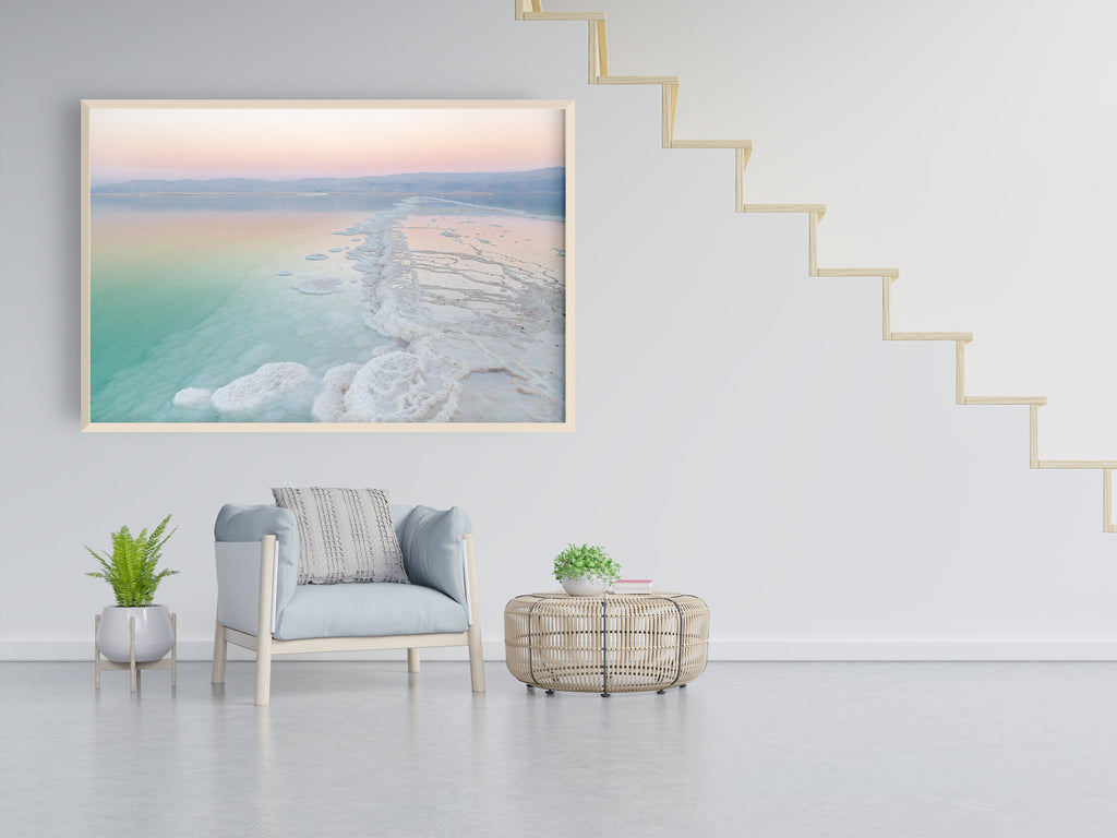 Turquoise Dead Sea Israeli Holy Land Sunset with White Salt Sea Minerals