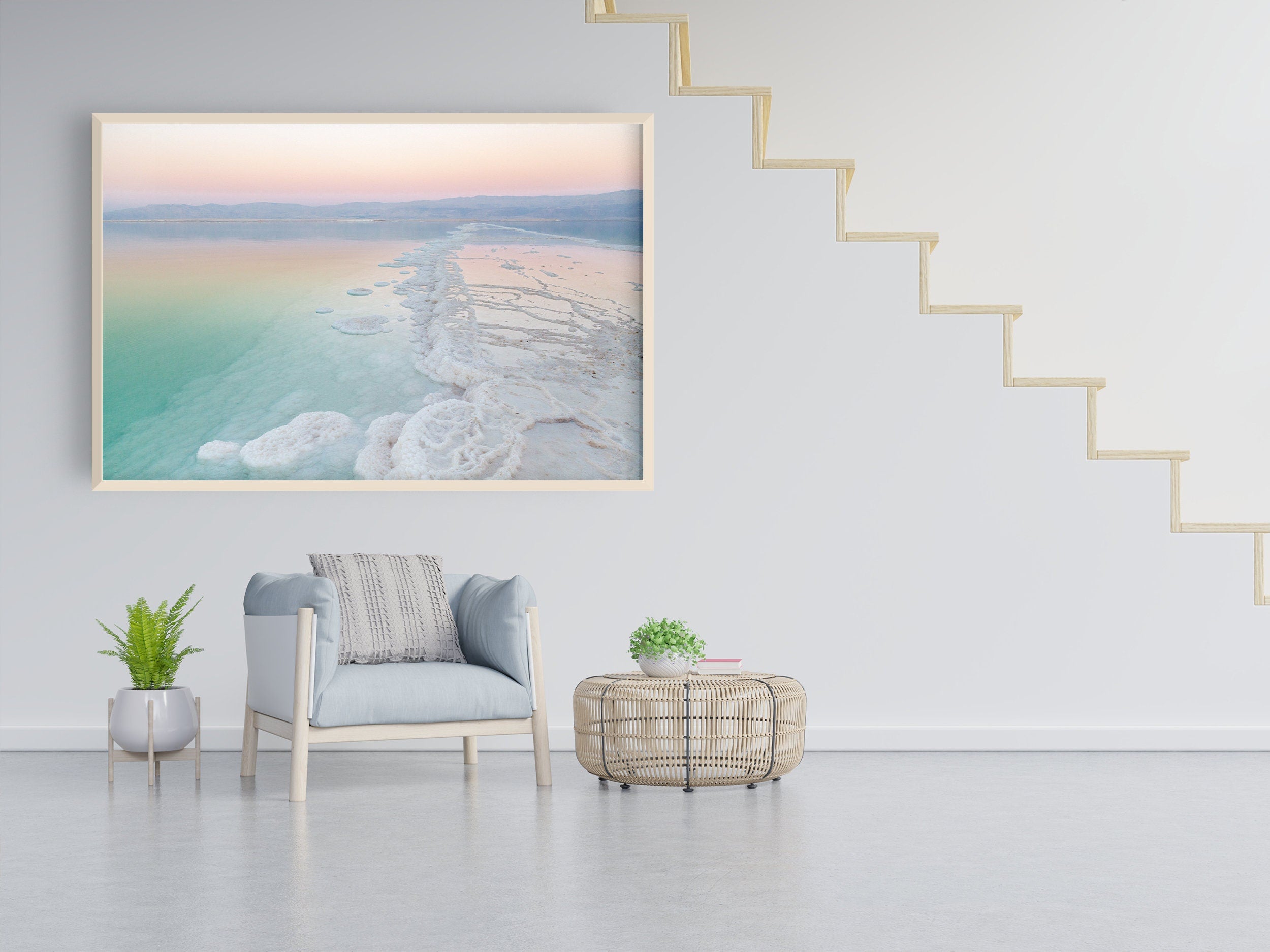 Turquoise Dead Sea Israeli Holy Land Sunset with White Salt Sea Minerals