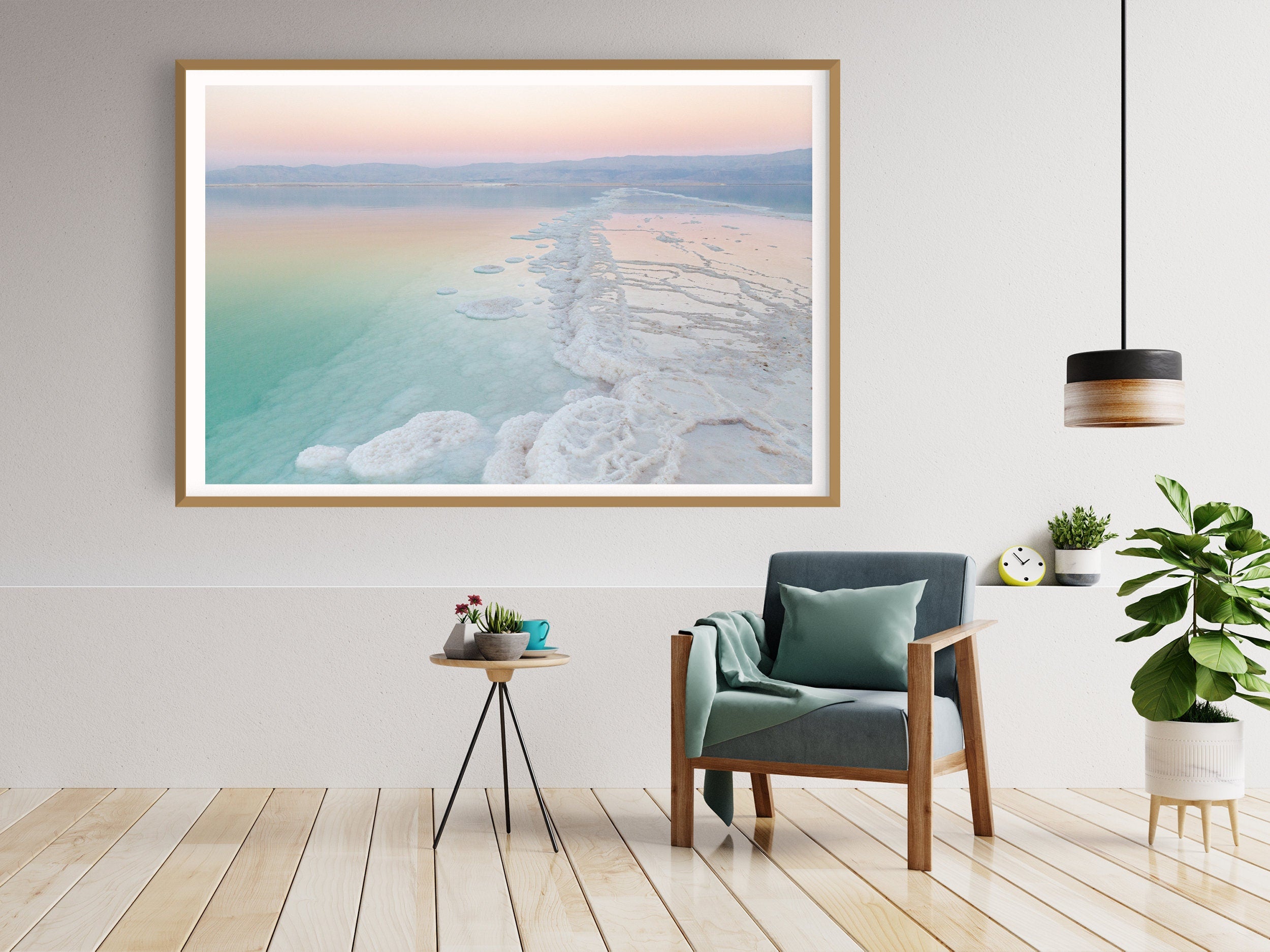 Turquoise Dead Sea Israeli Holy Land Sunset with White Salt Sea Minerals