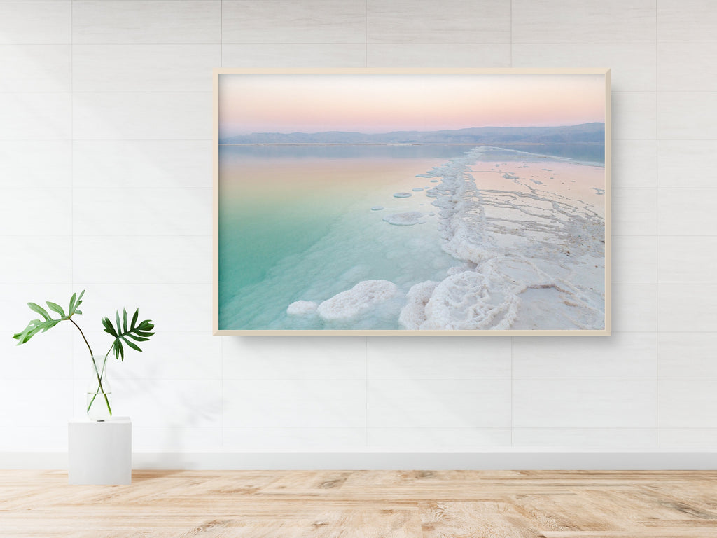 Turquoise Dead Sea Israeli Holy Land Sunset with White Salt Sea Minerals