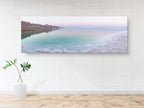 Panoramic Turquoise Dead Sea Israeli Sunset with White Salt Sea Minerals and Mountains