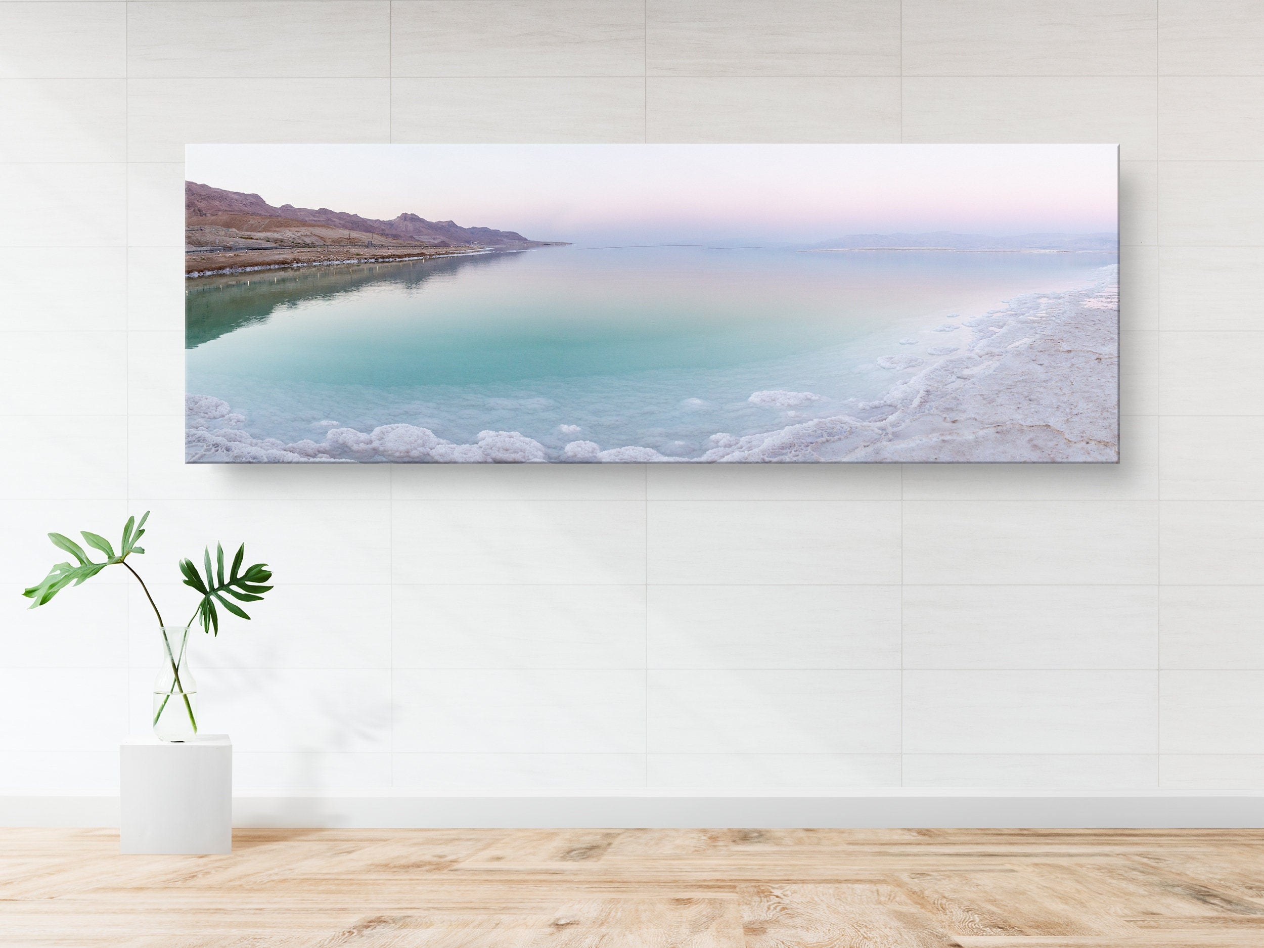 Panoramic Turquoise Dead Sea Israeli Sunset with White Salt Sea Minerals and Mountains