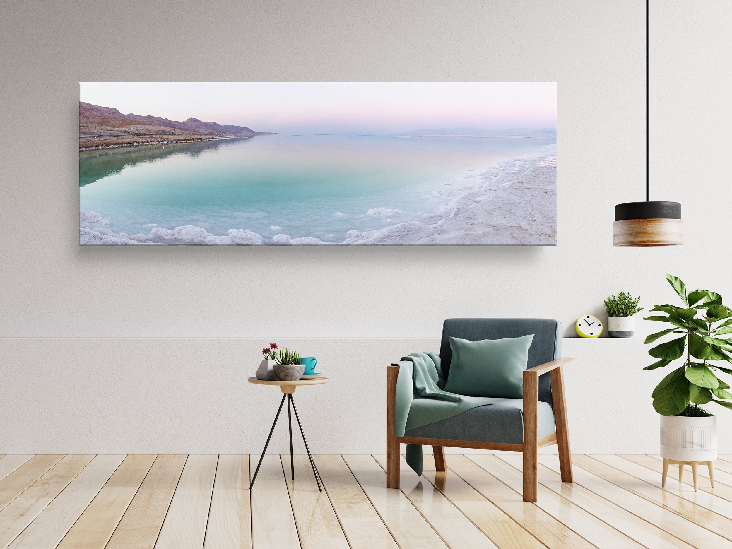 Panoramic Turquoise Dead Sea Israeli Sunset with White Salt Sea Minerals and Mountains