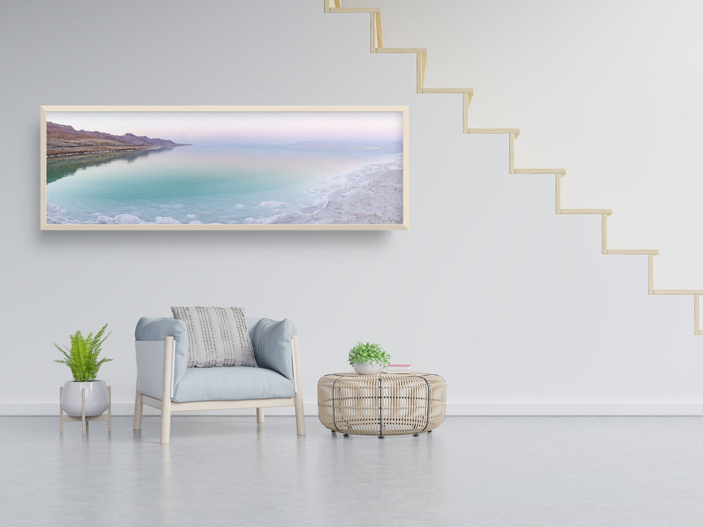 Panoramic Turquoise Dead Sea Israeli Sunset with White Salt Sea Minerals and Mountains