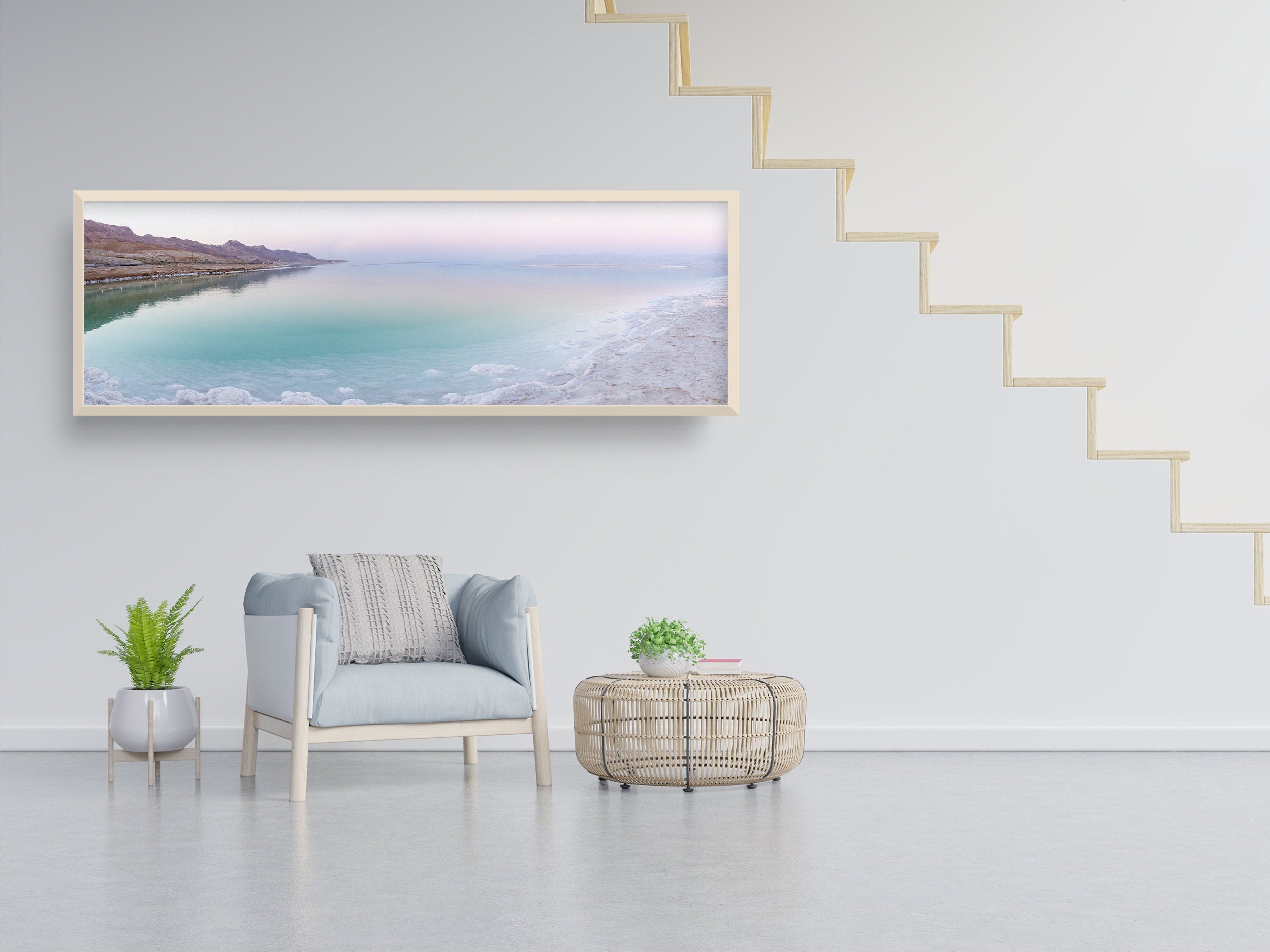 Panoramic Turquoise Dead Sea Israeli Sunset with White Salt Sea Minerals and Mountains