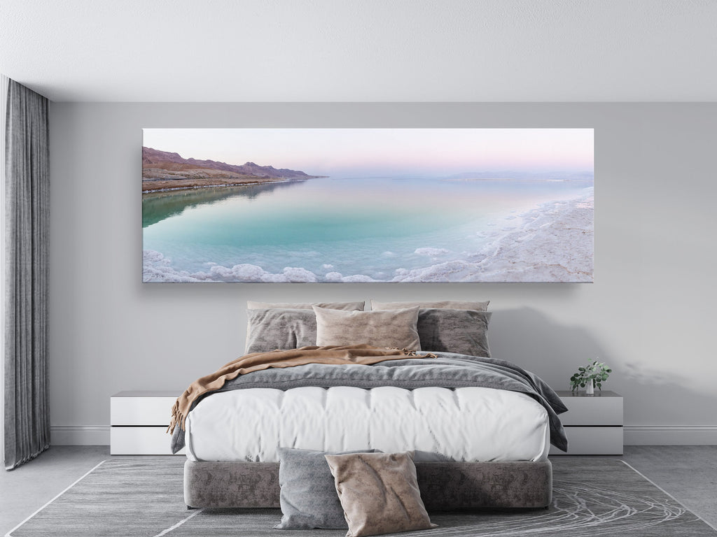 Panoramic Turquoise Dead Sea Israeli Sunset with White Salt Sea Minerals and Mountains