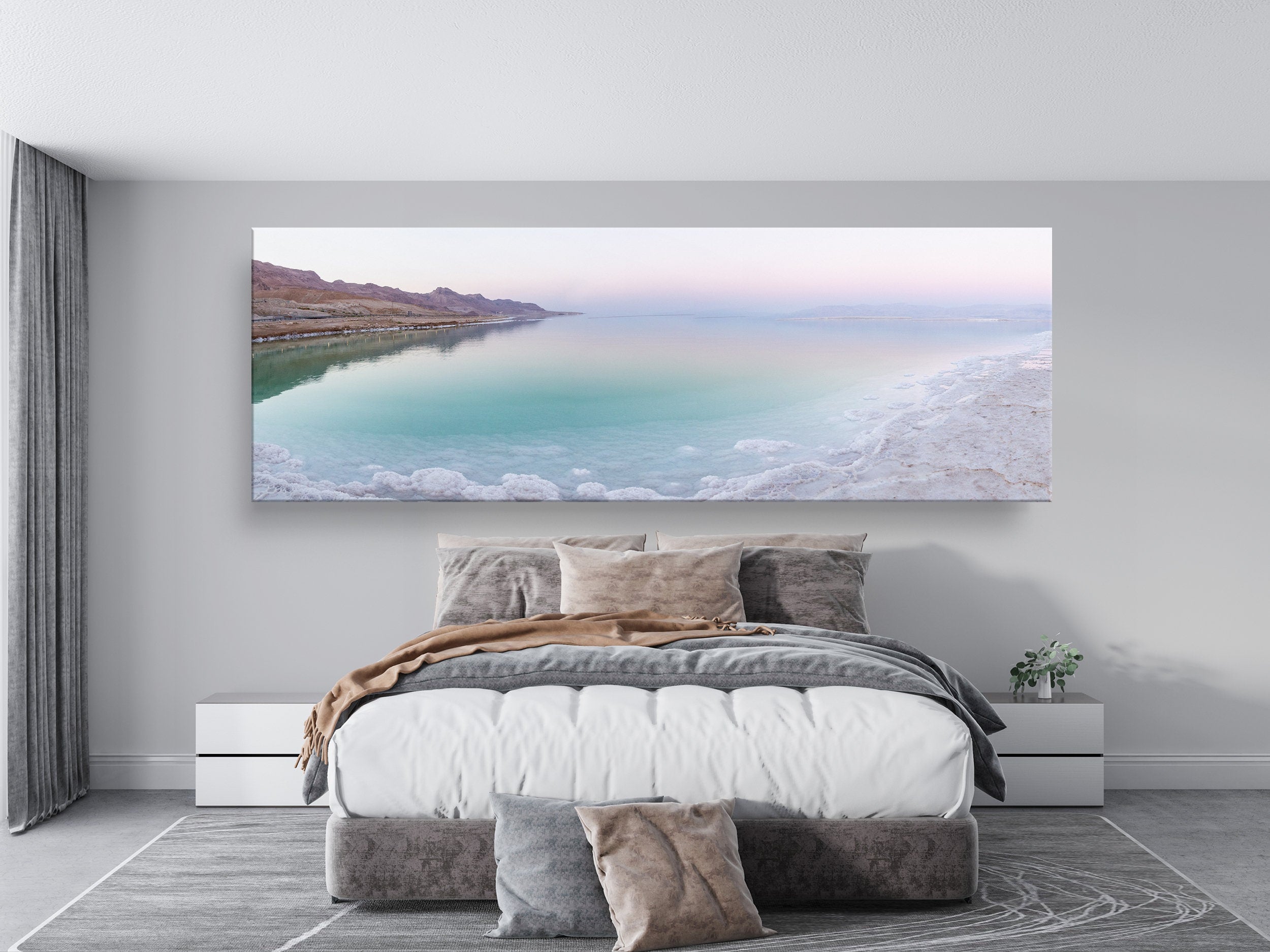 Panoramic Turquoise Dead Sea Israeli Sunset with White Salt Sea Minerals and Mountains