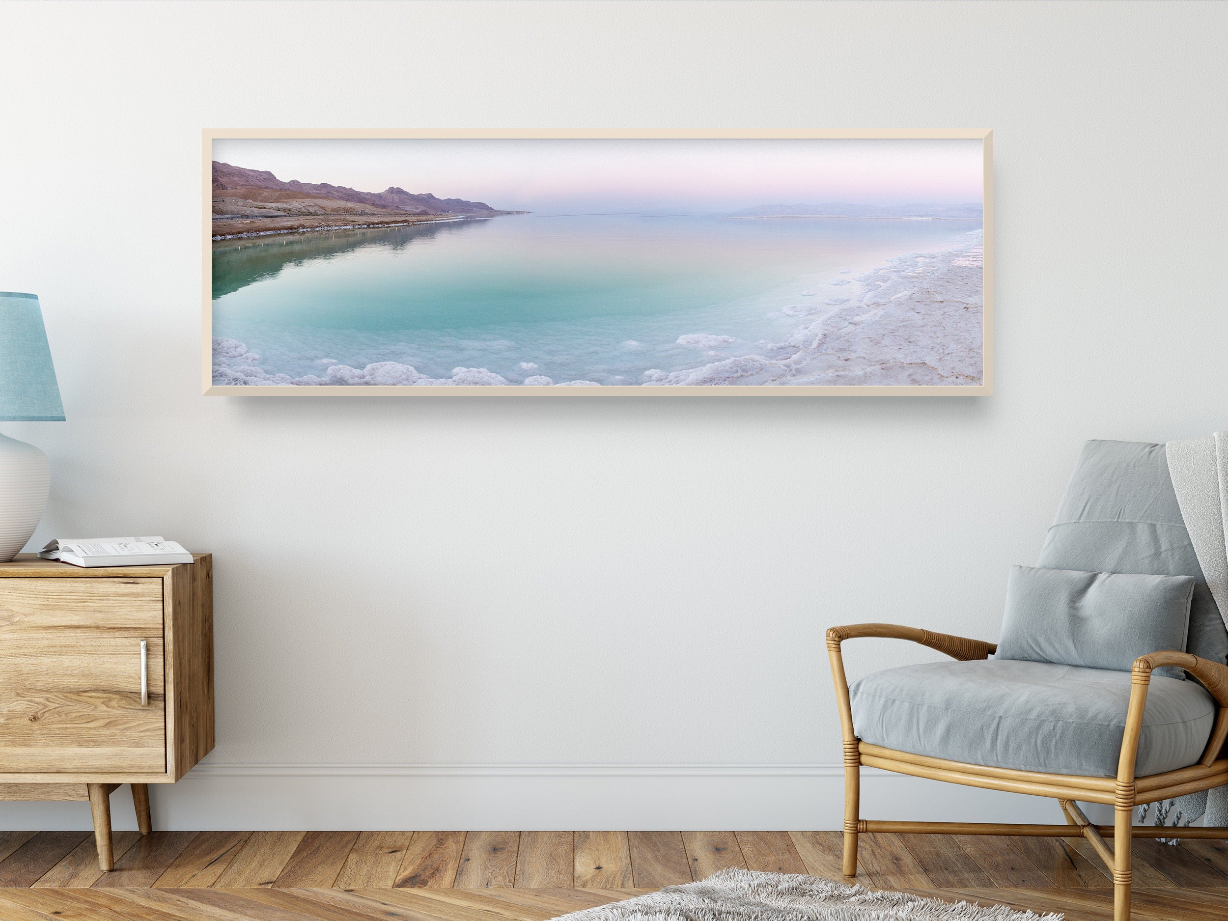 Panoramic Turquoise Dead Sea Israeli Sunset with White Salt Sea Minerals and Mountains