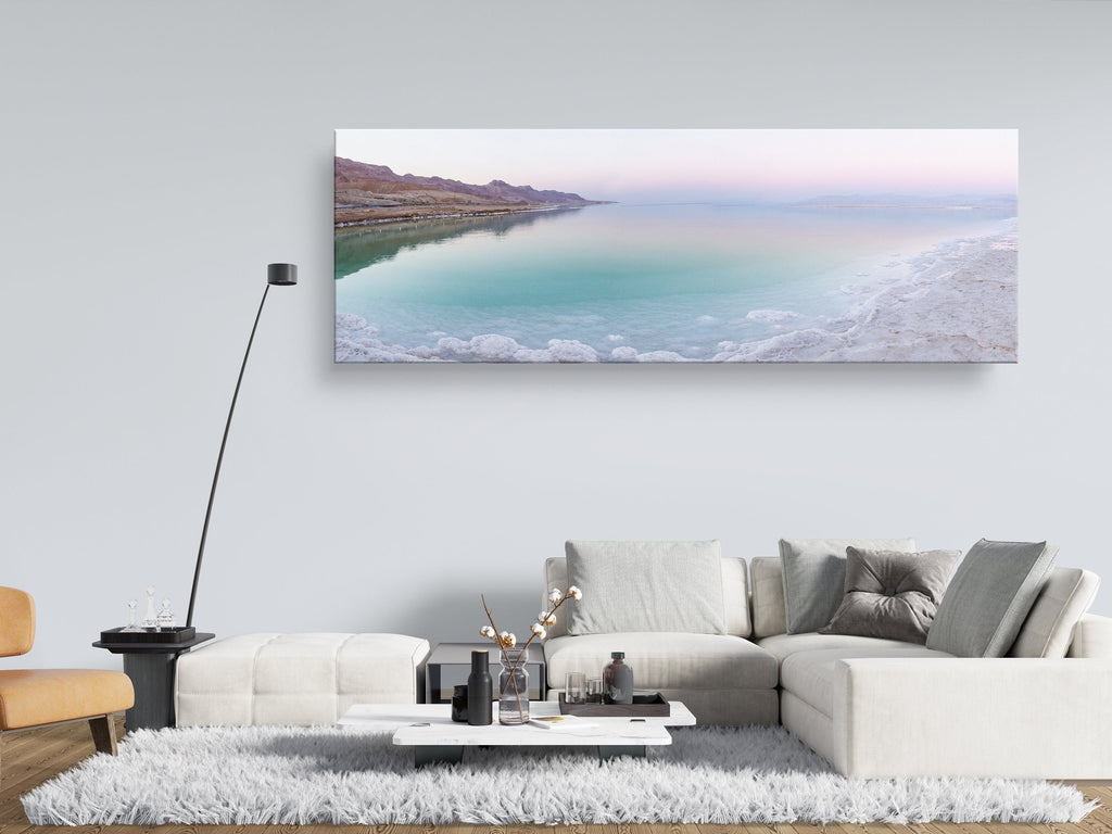 Panoramic Turquoise Dead Sea Israeli Sunset with White Salt Sea Minerals and Mountains