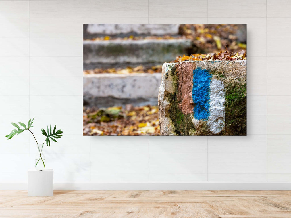 Orange Blue White Stripes of Israel National Trail and Jerusalem Stones Stairs