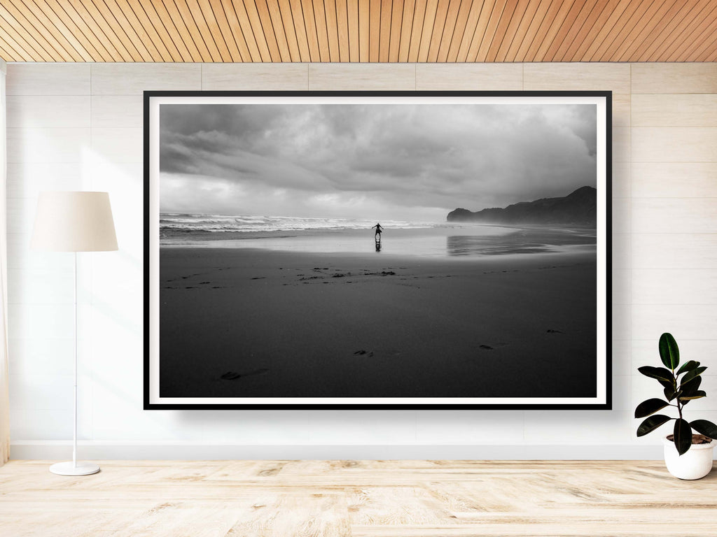 Black and White Beach Print: Woman Seascape, Storm Photography