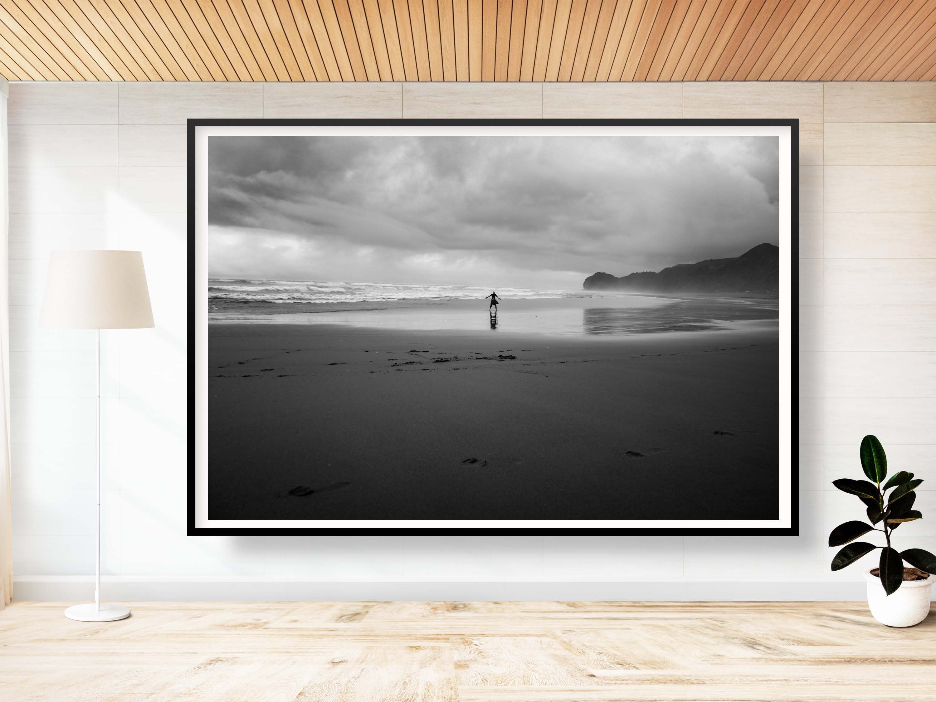 Black and White Beach Print: Woman Seascape, Storm Photography