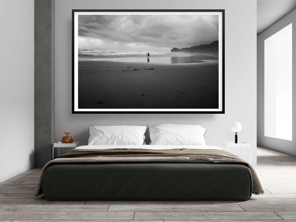 Black and White Beach Print: Woman Seascape, Storm Photography