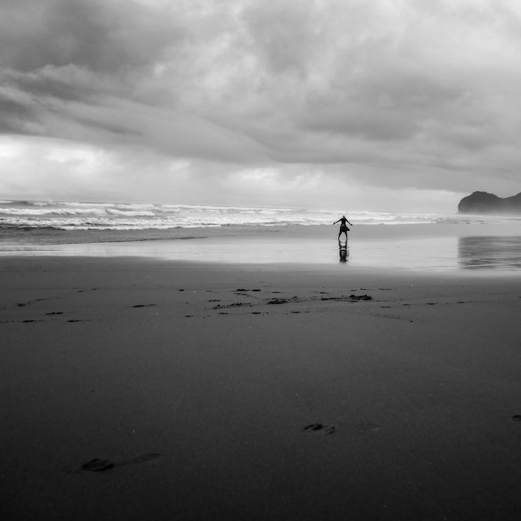 Black and White Beach Print: Woman Seascape, Storm Photography