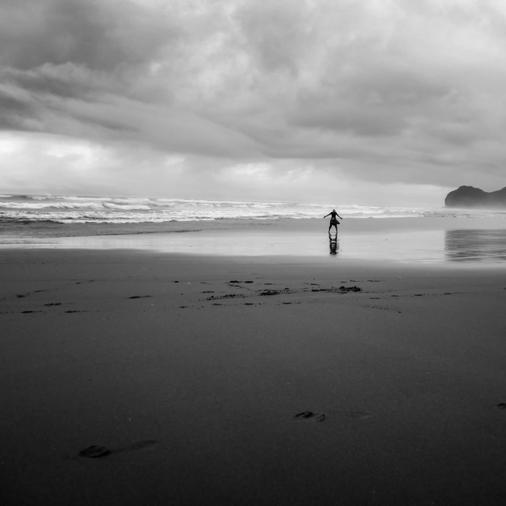 Black and White Beach Print: Woman Seascape, Storm Photography