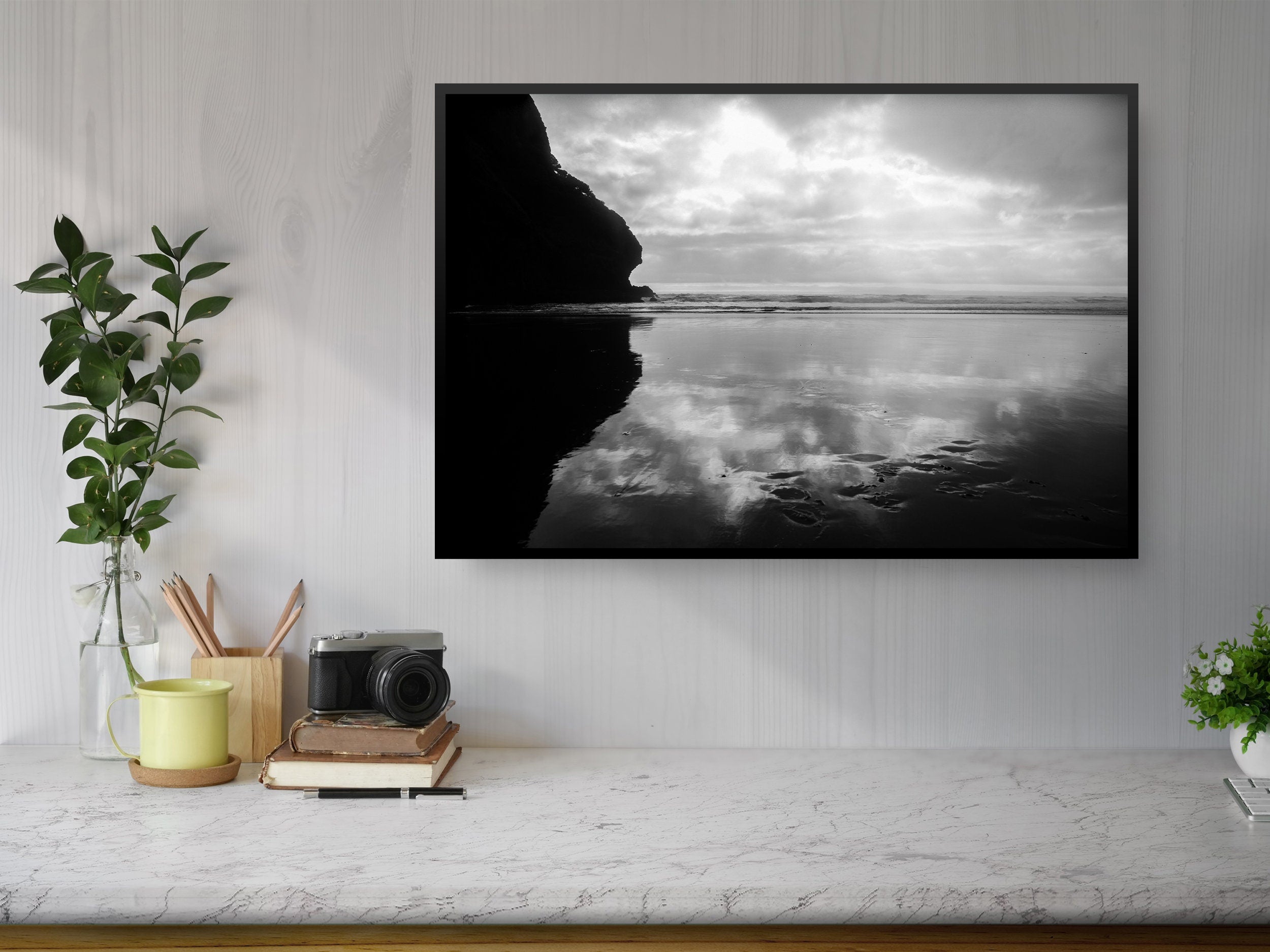 Black and White Beach Seascape — Ocean Beach Storm Photography
