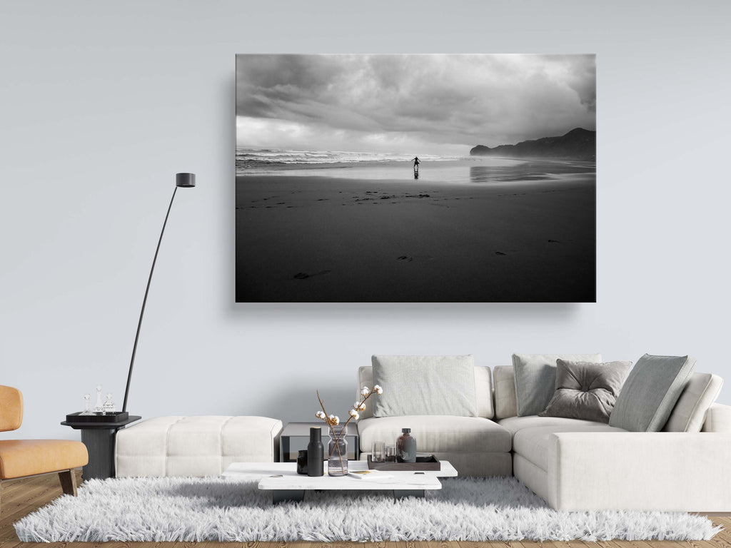 Black and White Beach Print: Woman Seascape, Storm Photography
