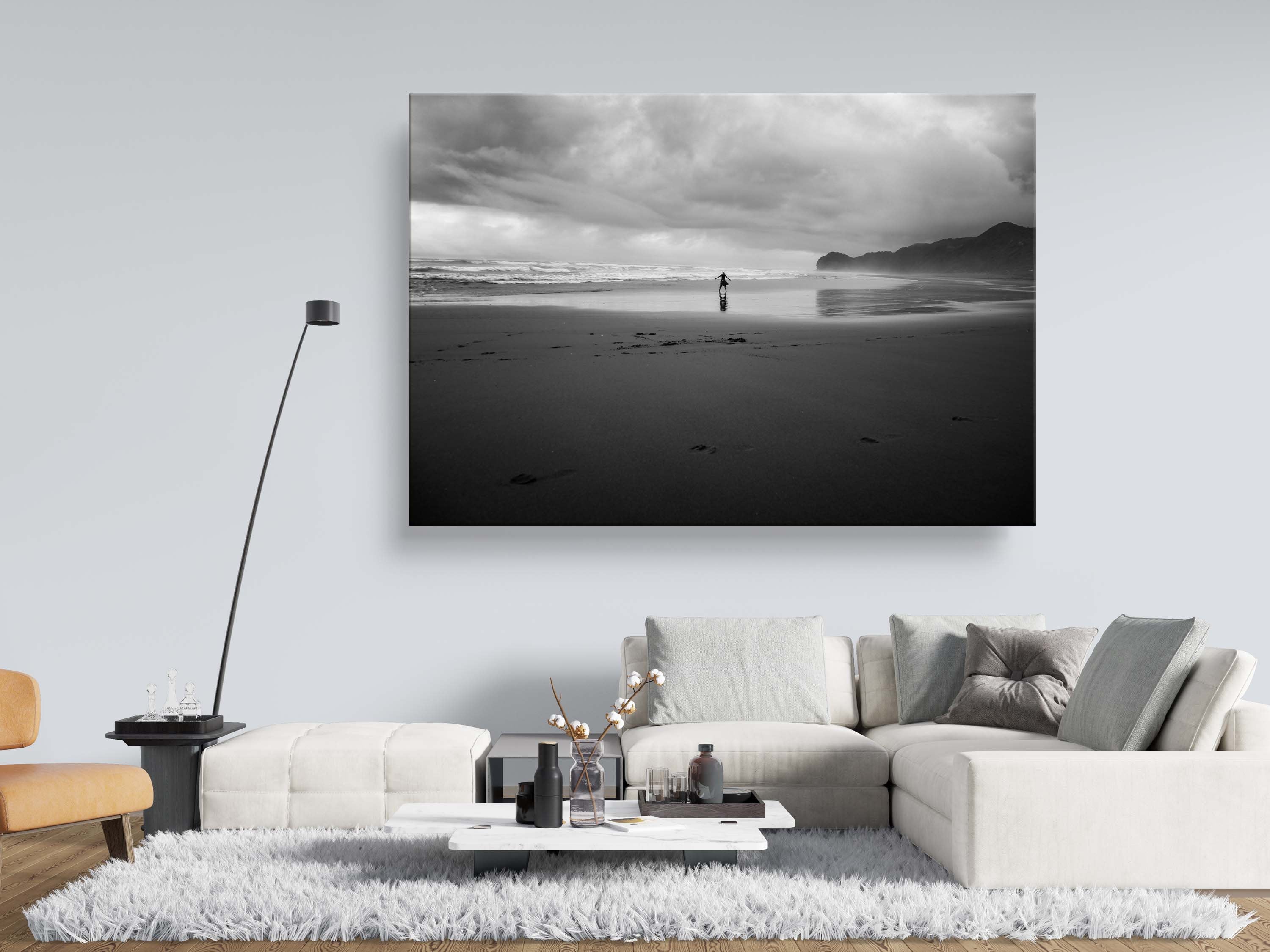 Black and White Beach Print: Woman Seascape, Storm Photography