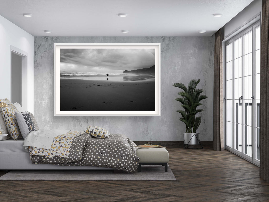 Black and White Beach Print: Woman Seascape, Storm Photography