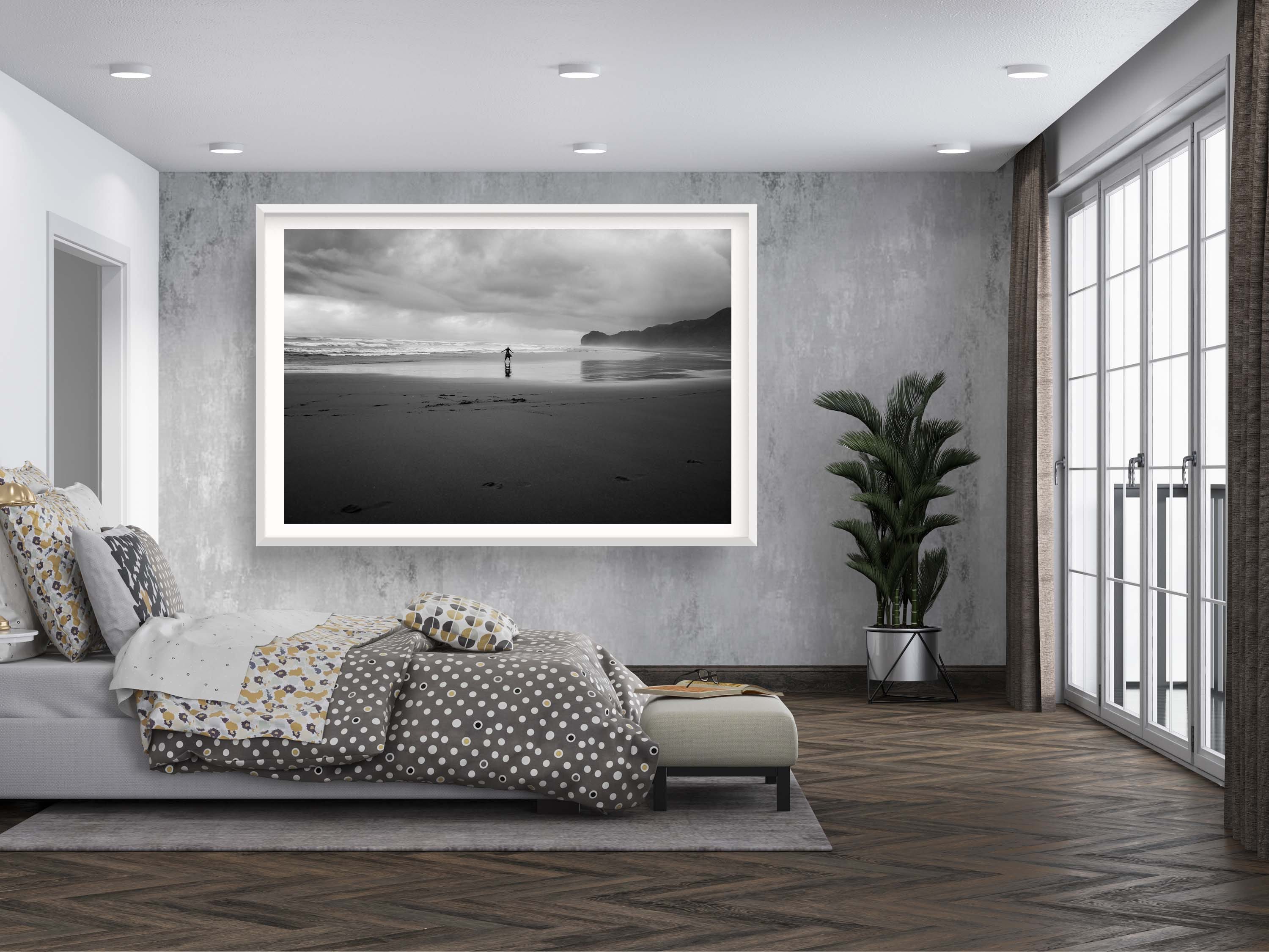 Black and White Beach Print: Woman Seascape, Storm Photography