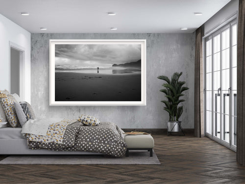 Black and White Beach Print: Woman Seascape, Storm Photography
