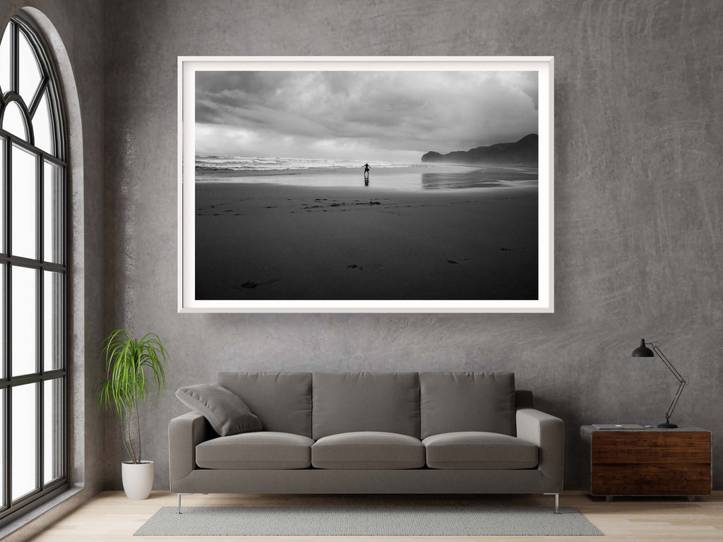 Black and White Beach Print: Woman Seascape, Storm Photography