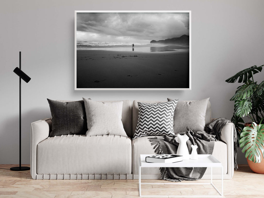Black and White Beach Print: Woman Seascape, Storm Photography