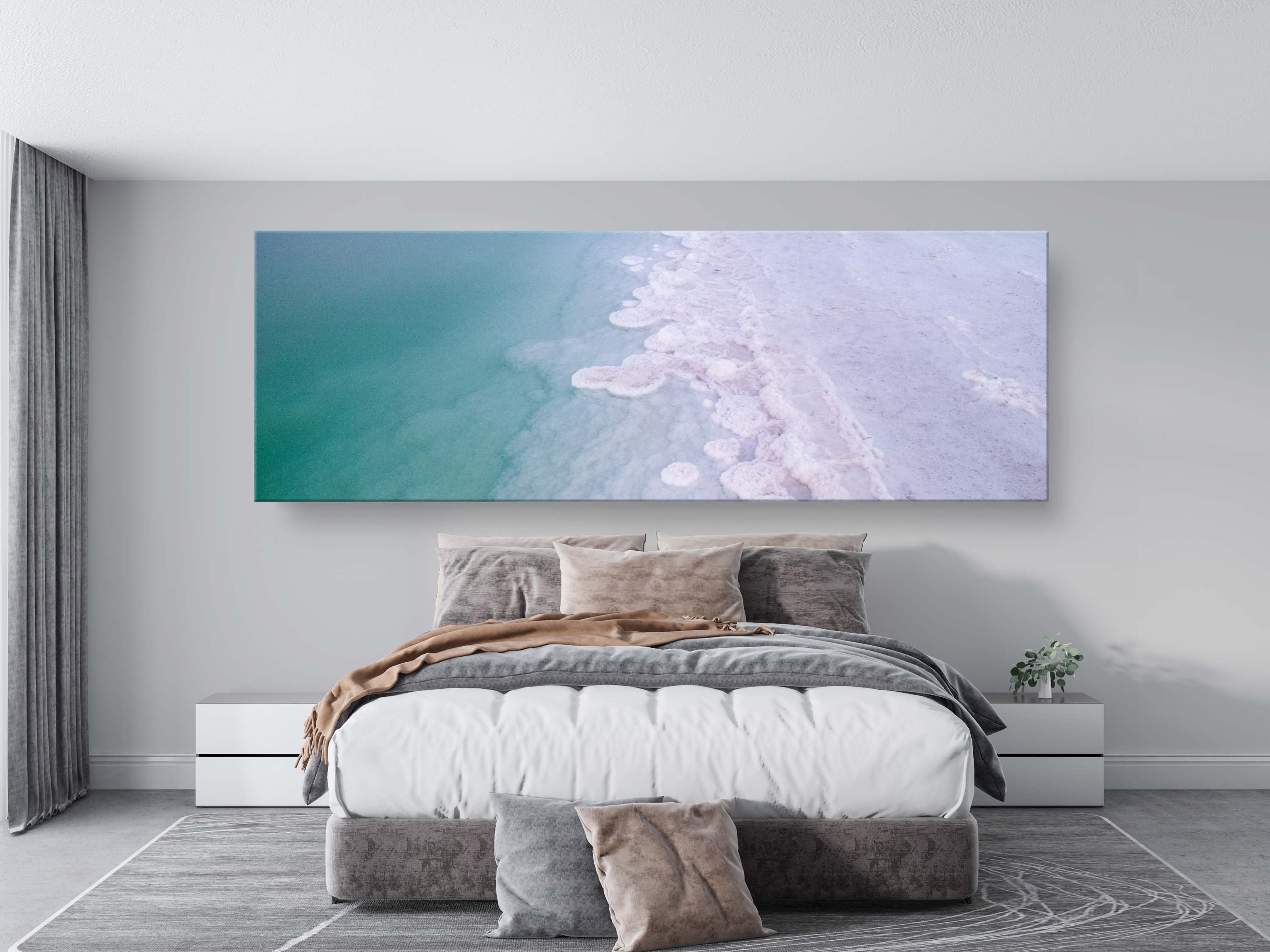 Panoramic Turquoise Dead Sea Israeli Sunset with White Salt Sea Minerals