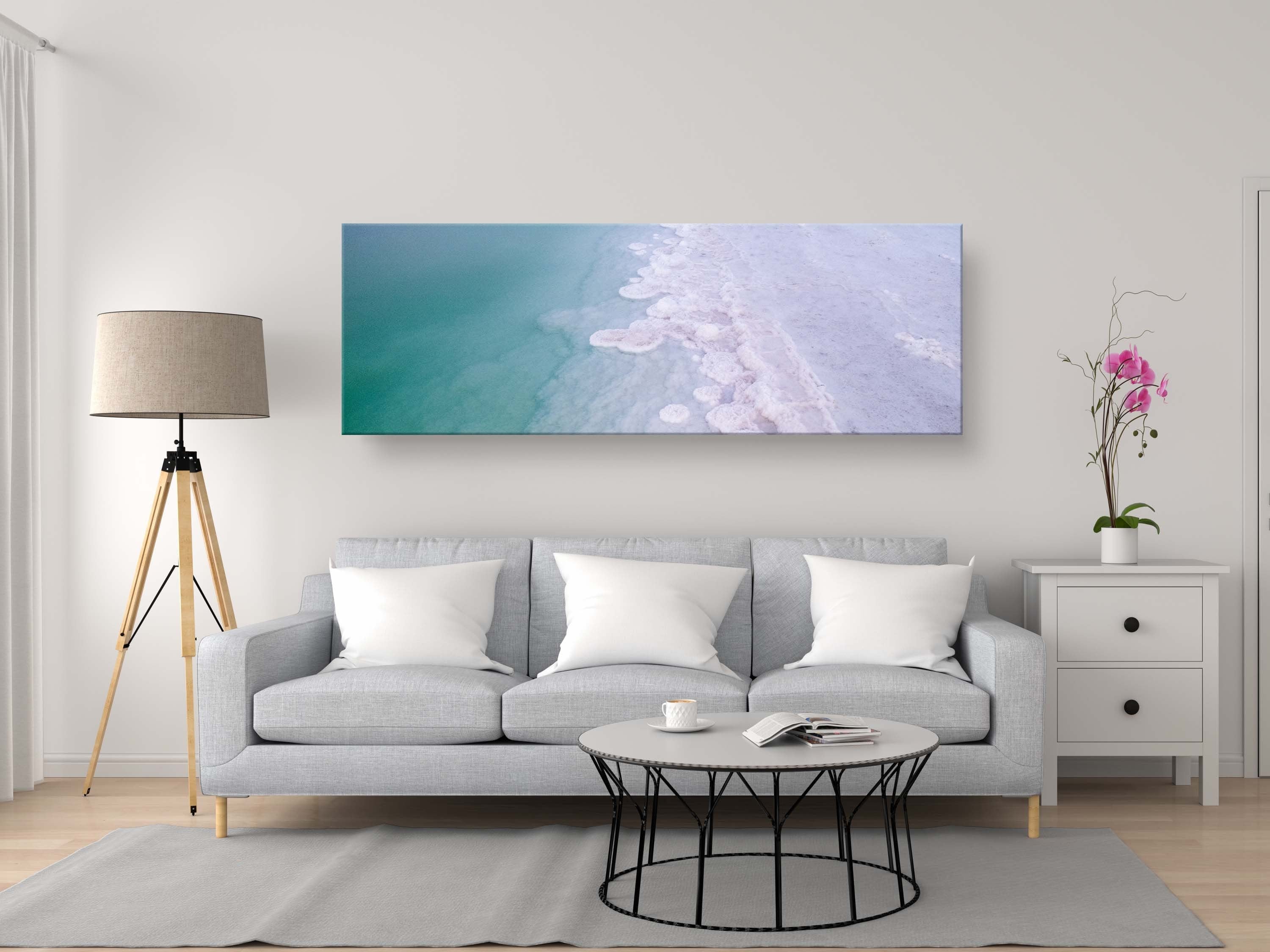 Panoramic Turquoise Dead Sea Israeli Sunset with White Salt Sea Minerals