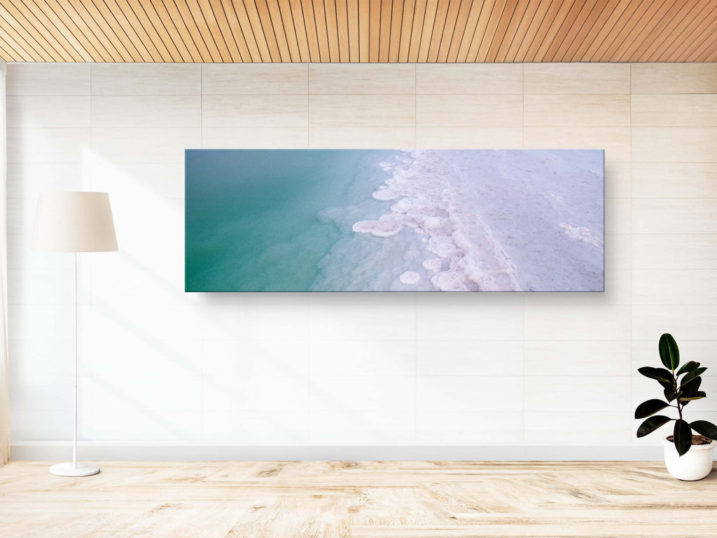 Panoramic Turquoise Dead Sea Israeli Sunset with White Salt Sea Minerals