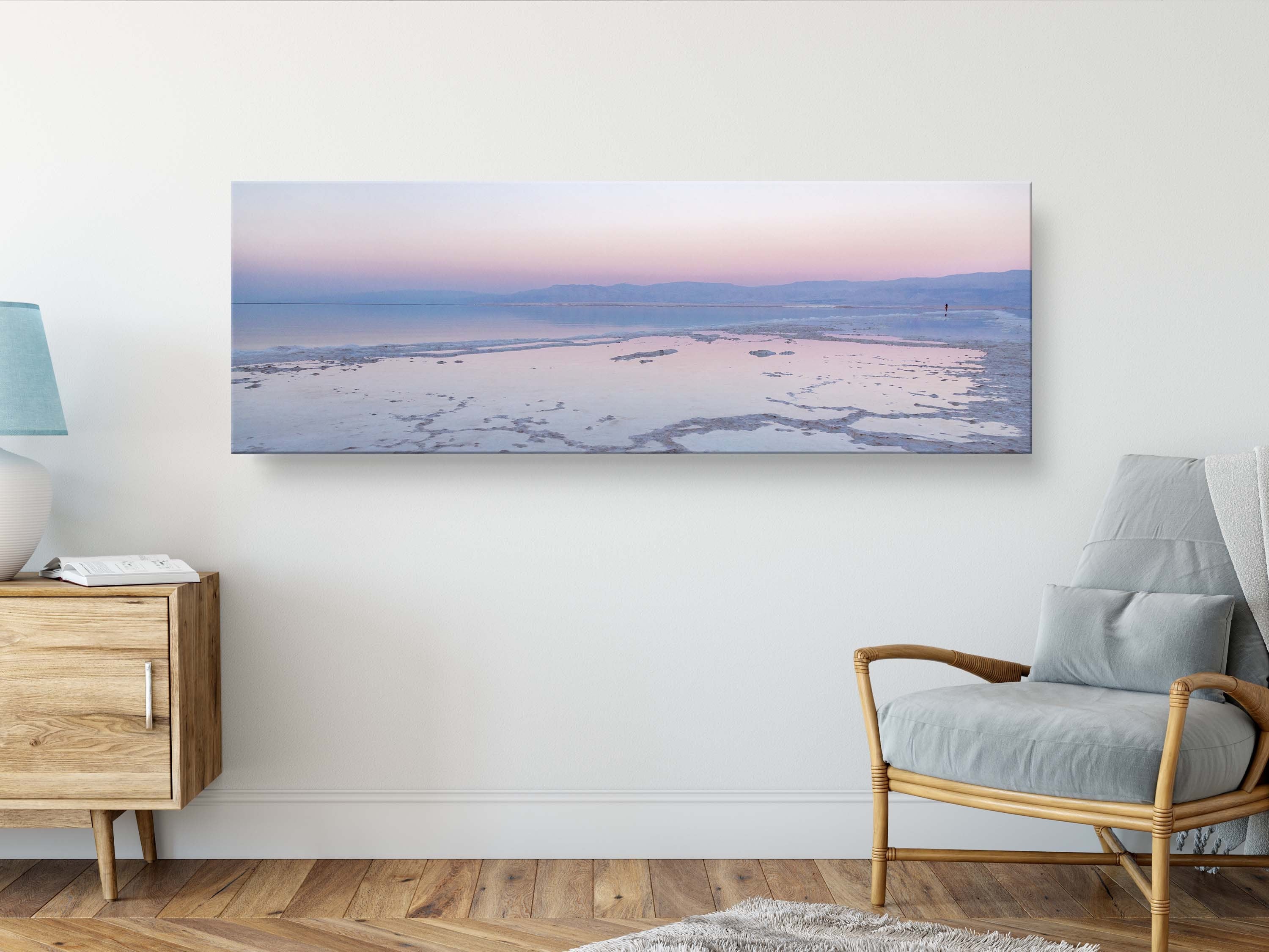 Panoramic Holy Land Israeli Sunset Seascape with White Salt Sea Minerals — Dead Sea with Salt Sea Minerals
