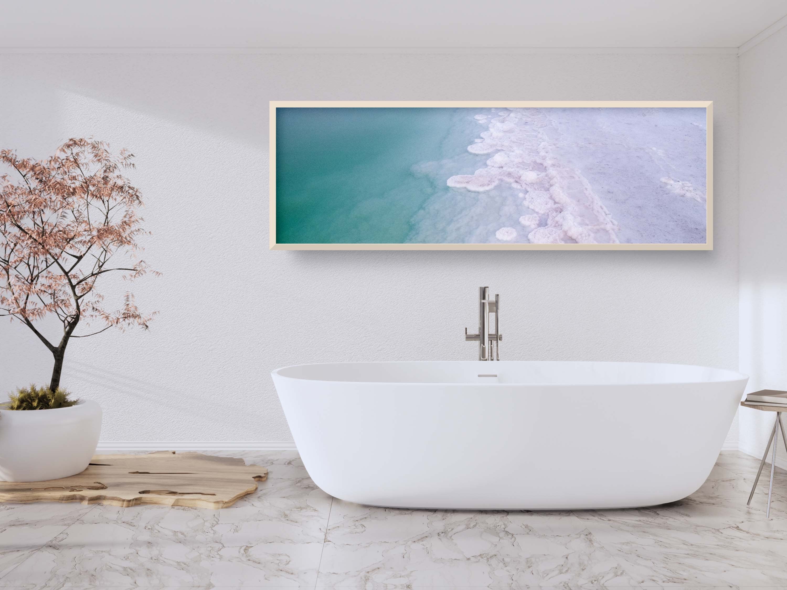 Panoramic Turquoise Dead Sea Israeli Sunset with White Salt Sea Minerals