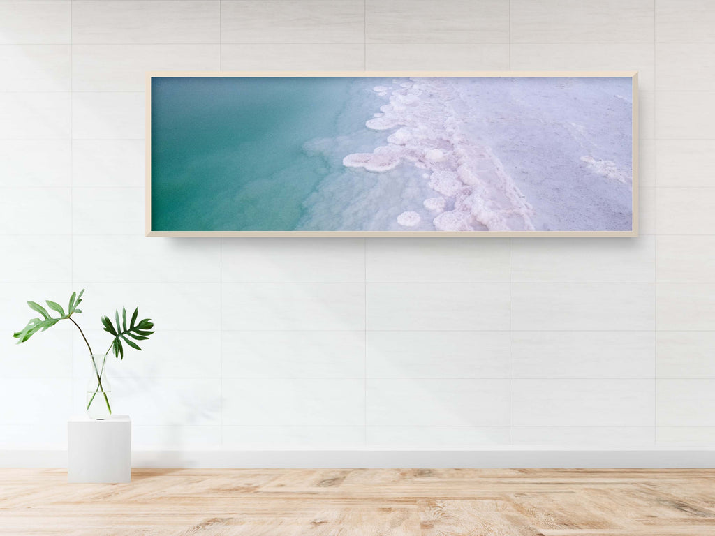 Panoramic Turquoise Dead Sea Israeli Sunset with White Salt Sea Minerals