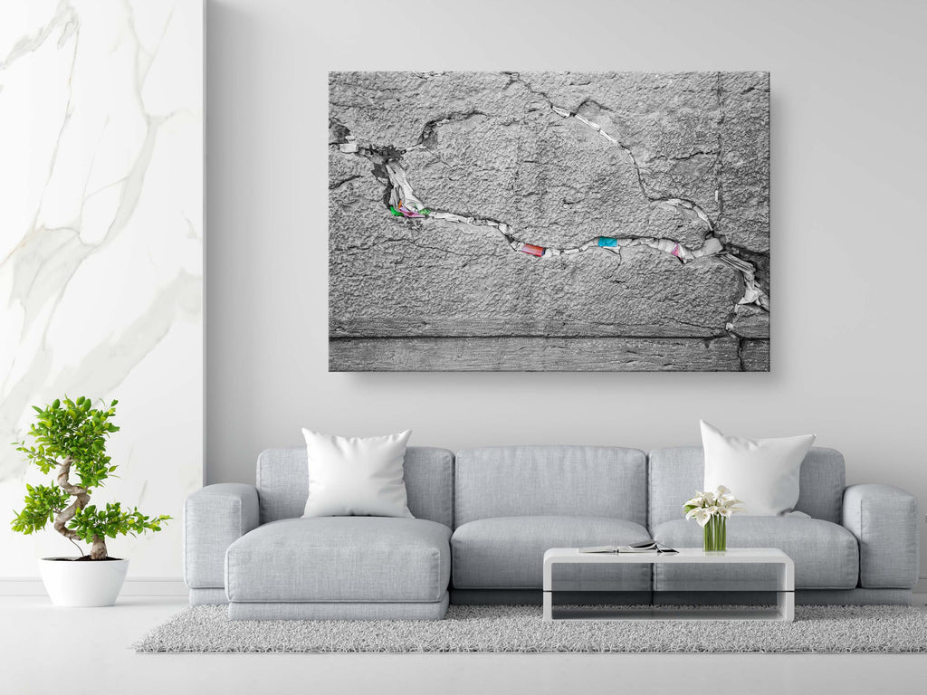 Black and White Jewish Kotel Stone with Colored Prayer Paper Notes between Stones