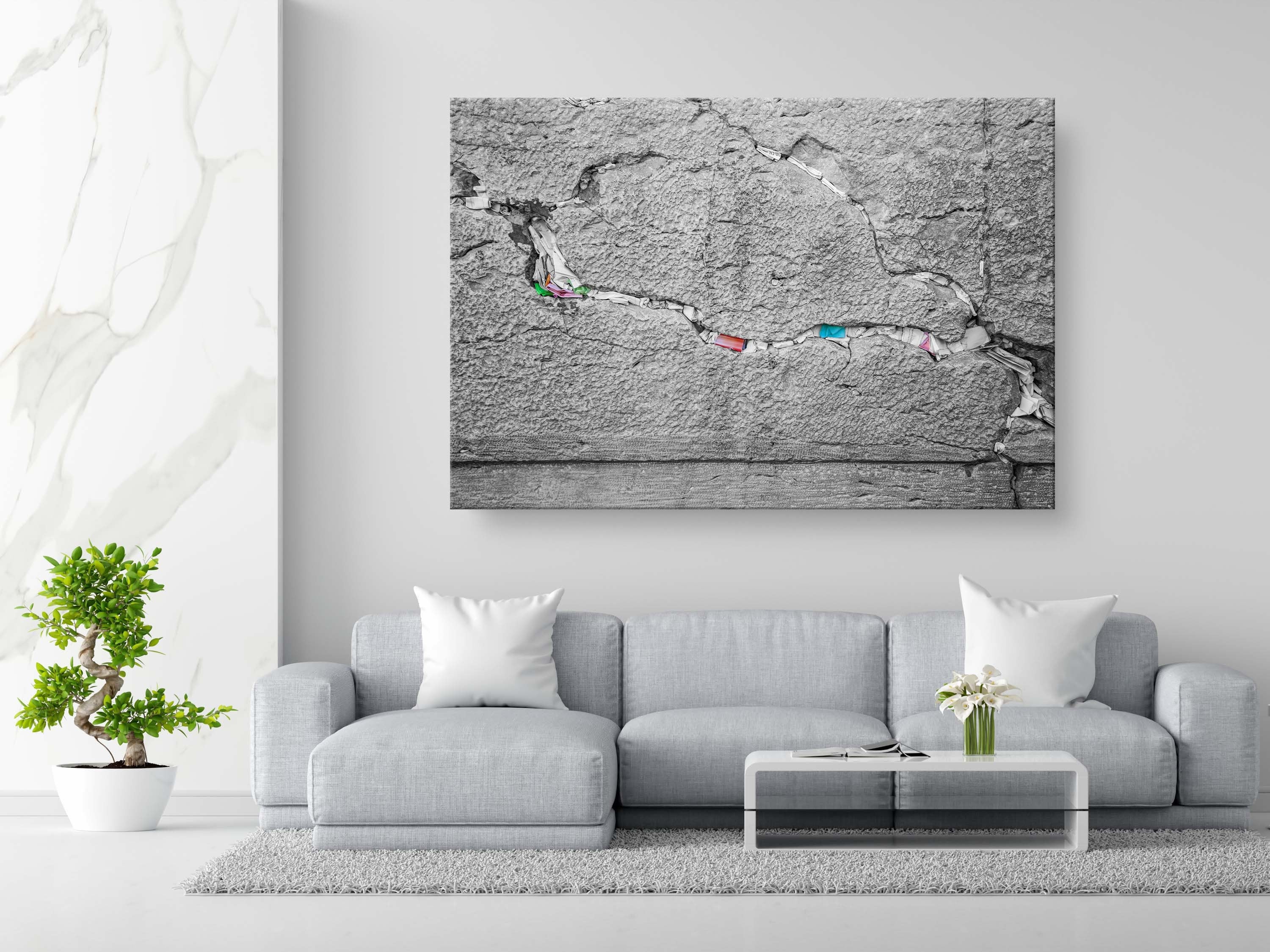 Black and White Jewish Kotel Stone with Colored Prayer Paper Notes between Stones