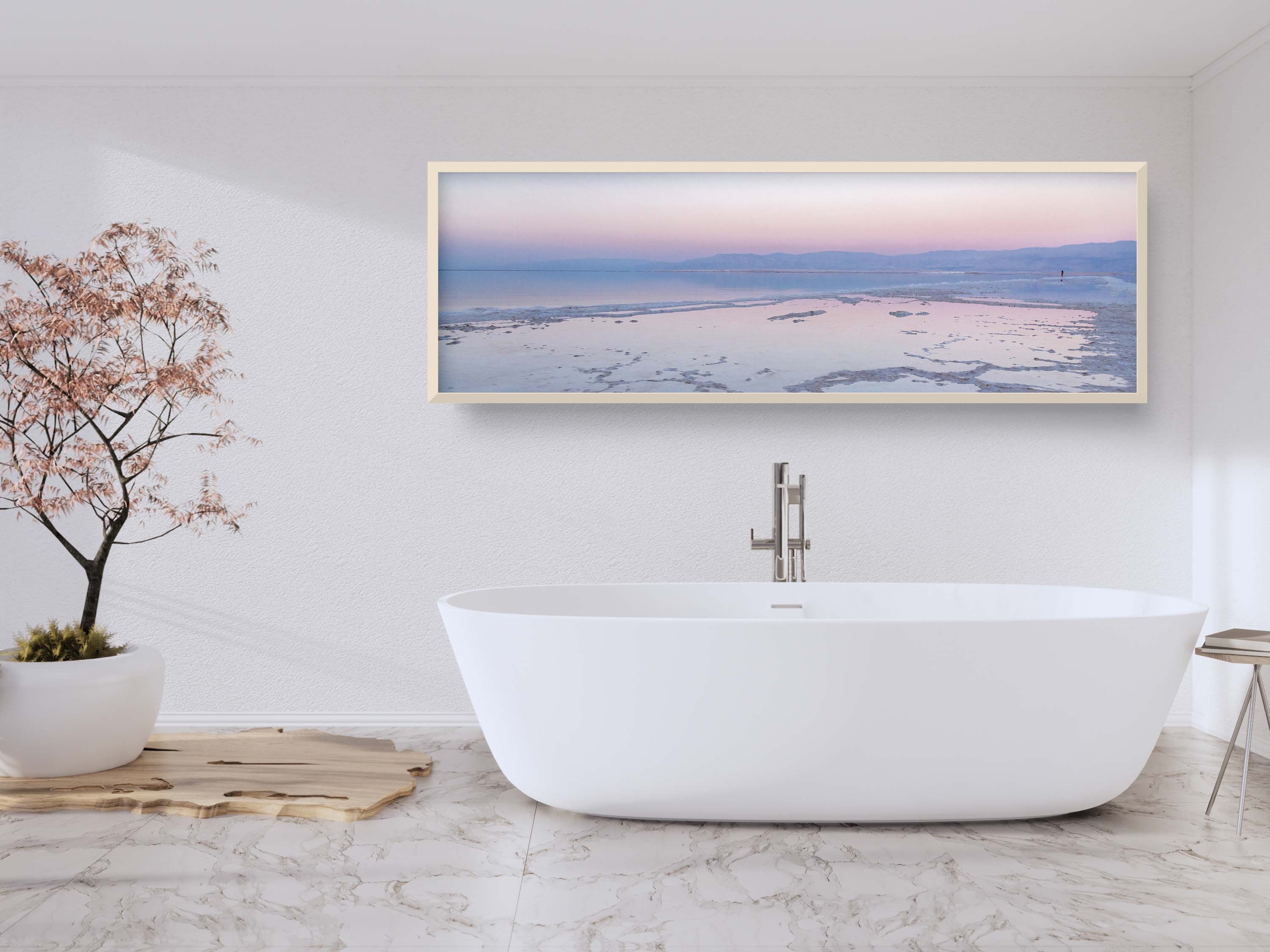 Panoramic Holy Land Israeli Sunset Seascape with White Salt Sea Minerals — Dead Sea with Salt Sea Minerals